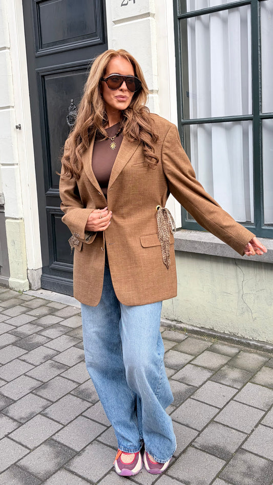 Blazer vintage bruin met strikdetail leopard | Restyled