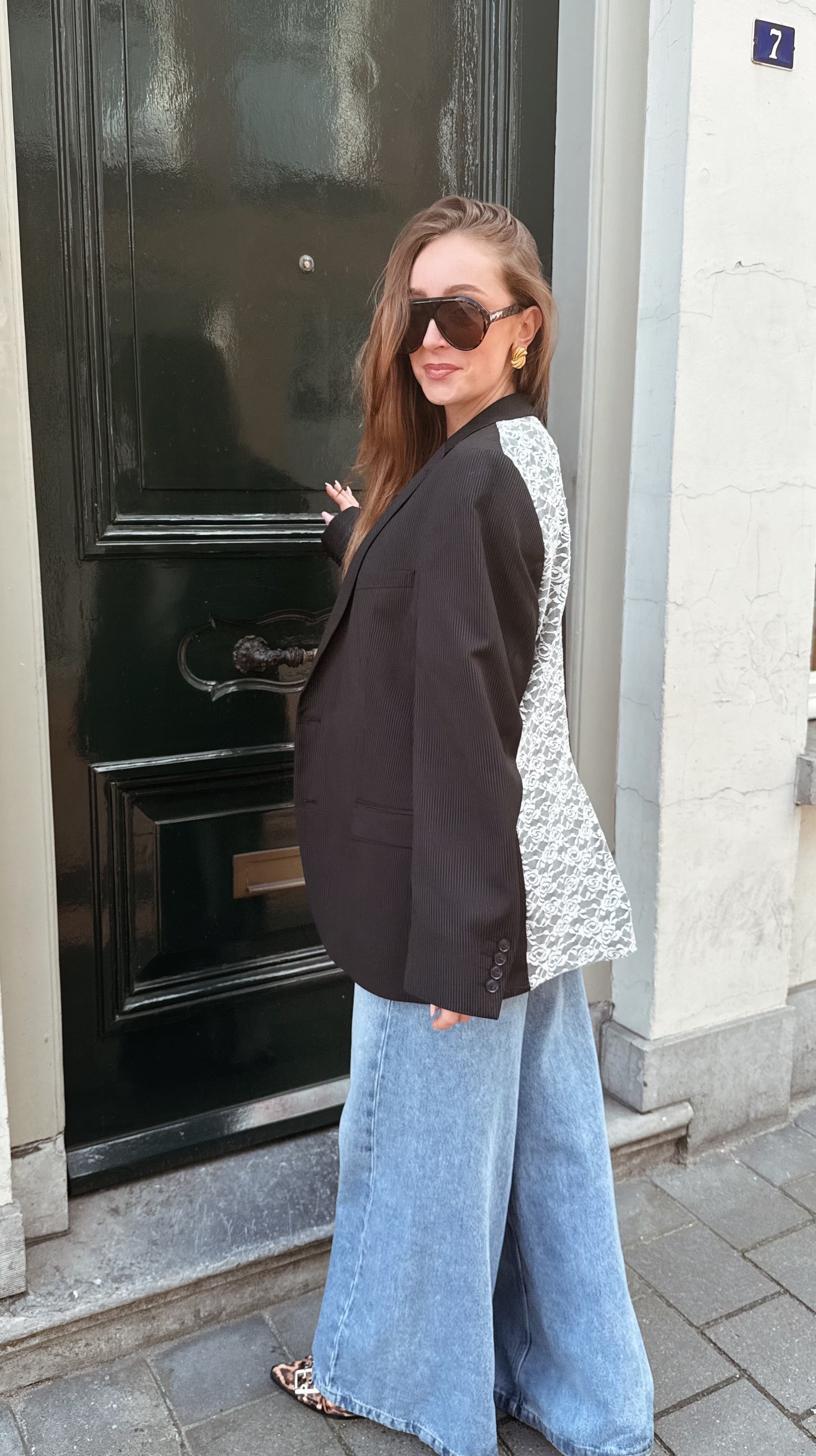 Blazer vintage zwart met kant wit | Restyled