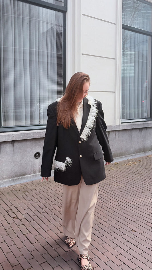 Blazer vintage zwart met veren geel | Restyled