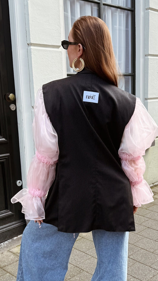 Blazer vintage grijs met pofmouwen roze | Restyled