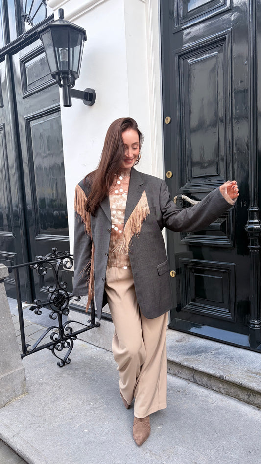 Blazer vintage grijs met franjes | Restyled