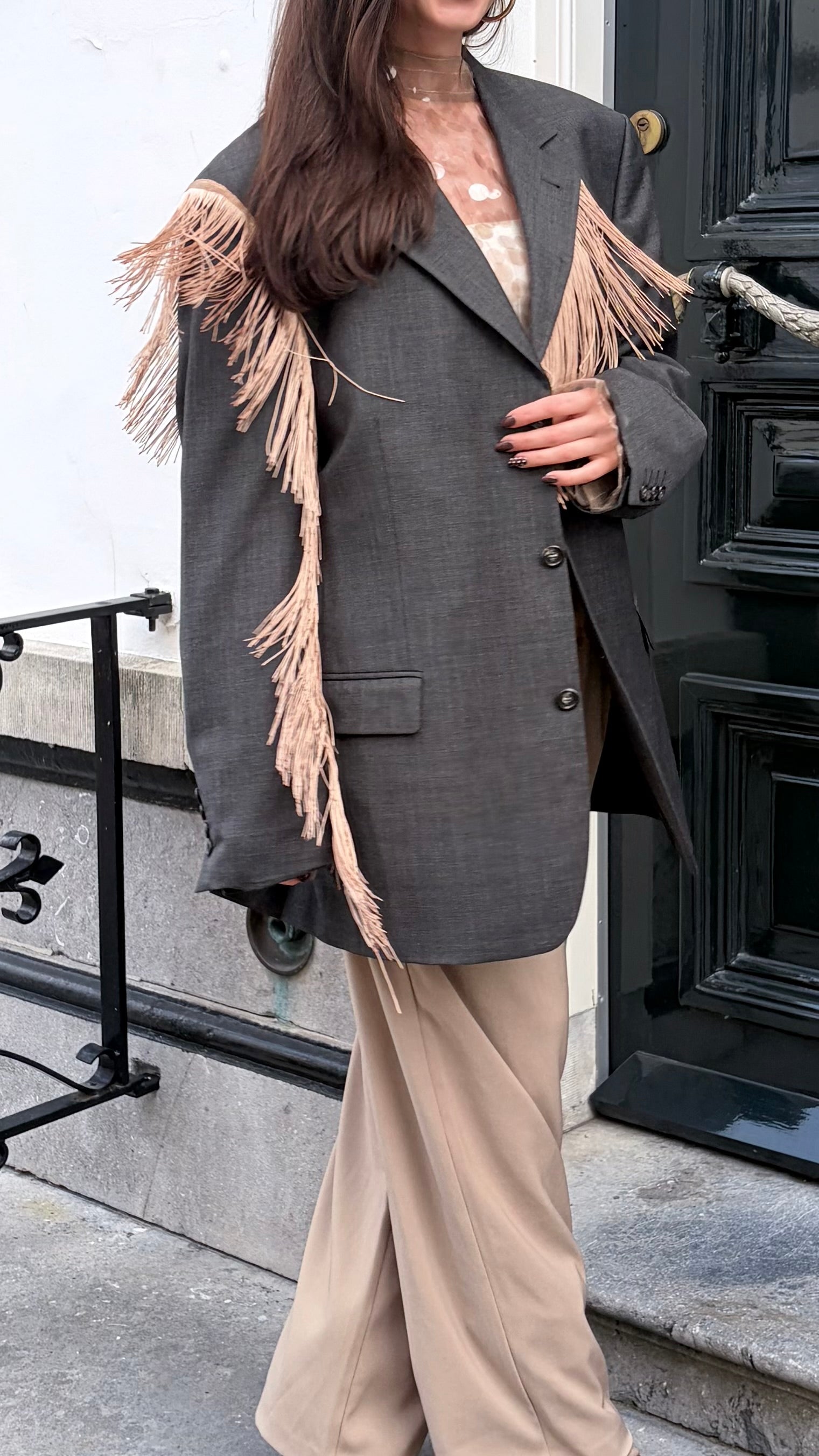 Blazer vintage grijs met franjes | Restyled