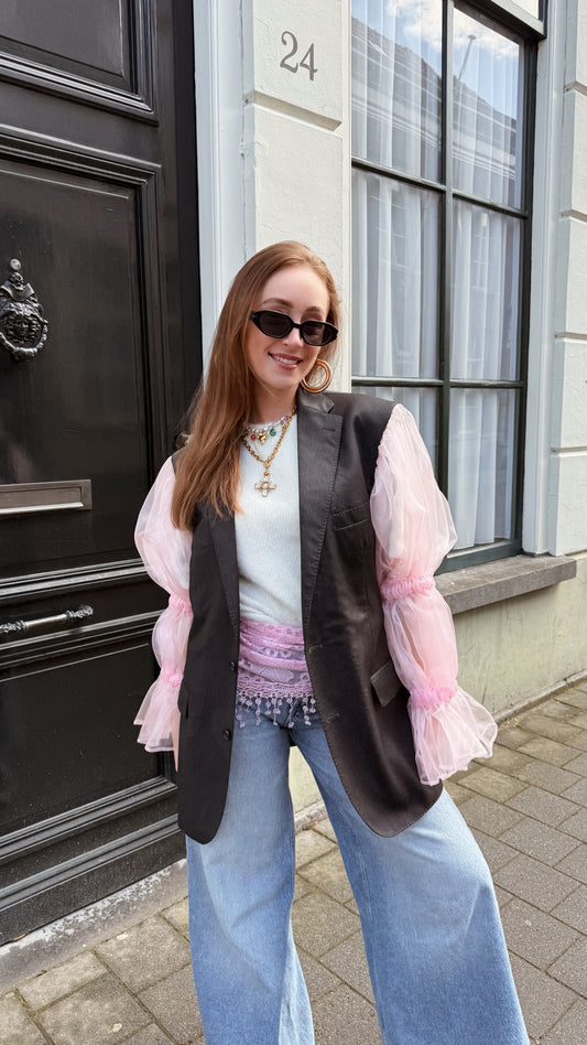 Blazer vintage grijs met pofmouwen roze | Restyled