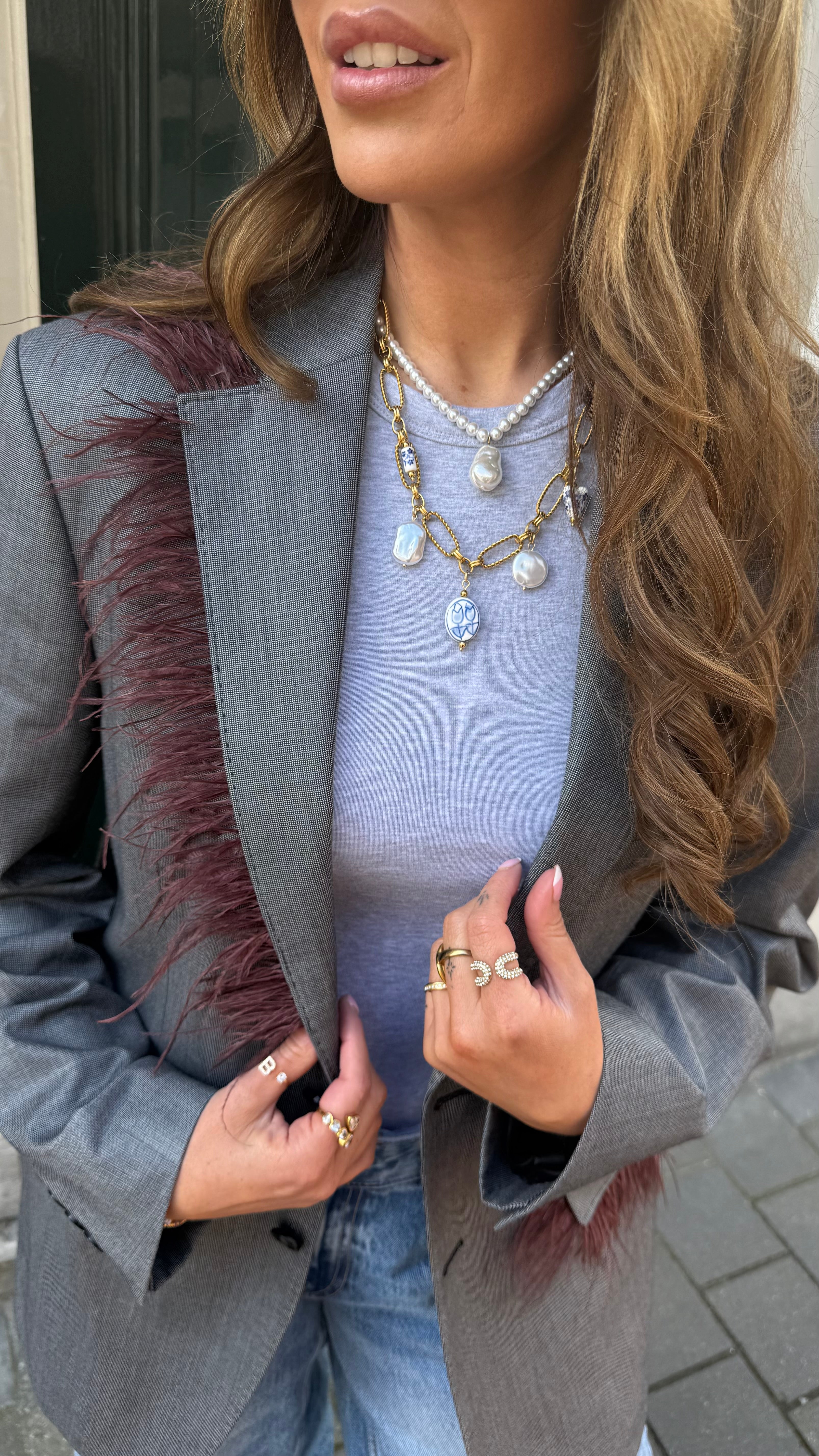 Blazer vintage lichtgrijs met veren bruin | Restyled