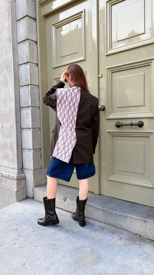 Blazer vintage bruin met kant roze | Restyled