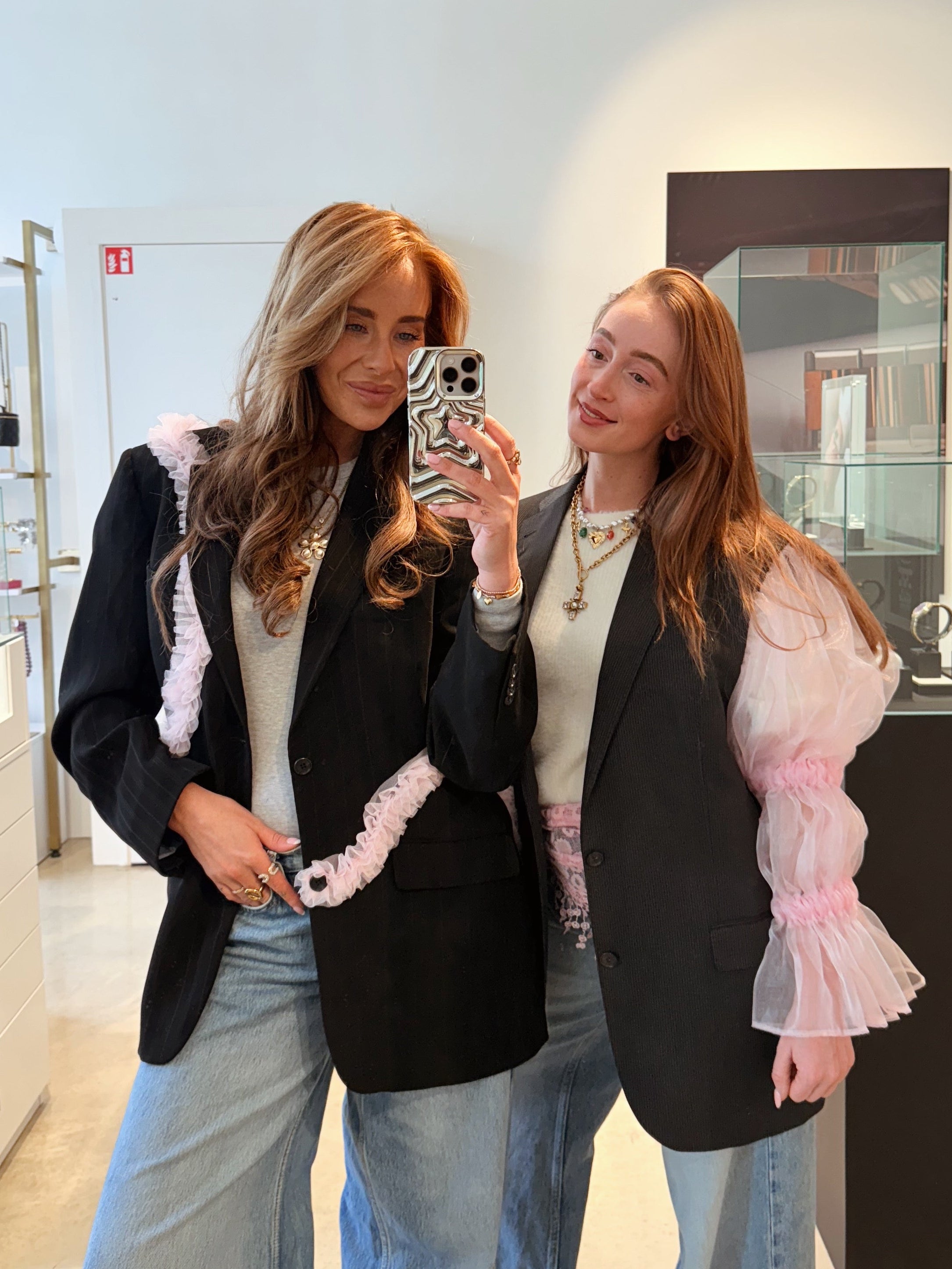 Blazer vintage grijs met pofmouwen roze | Restyled