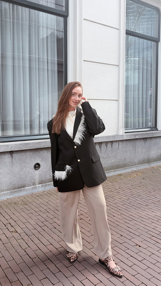 Blazer vintage zwart met veren geel | Restyled
