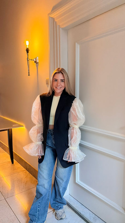 Blazer vintage grijs met pofmouwen geel | Restyled