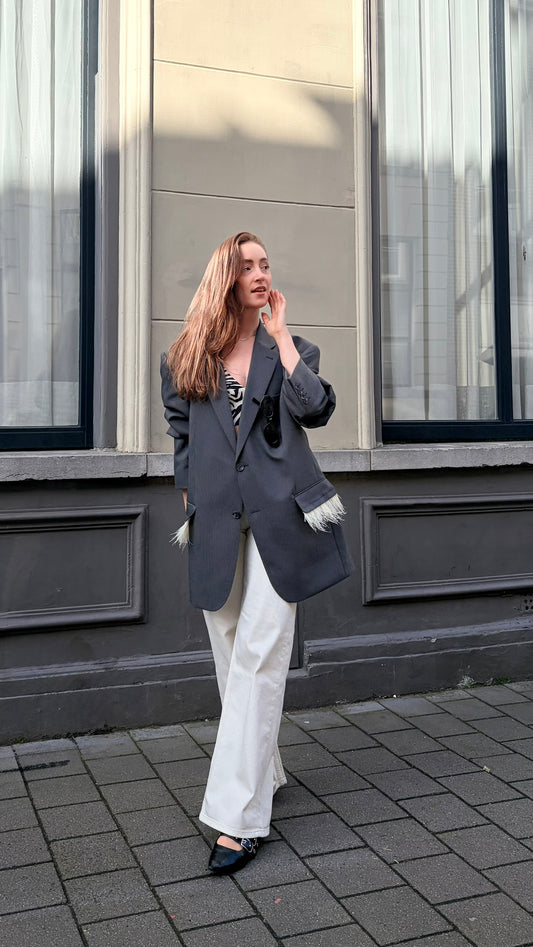 Blazer vintage grijs met veren geel | Restyled