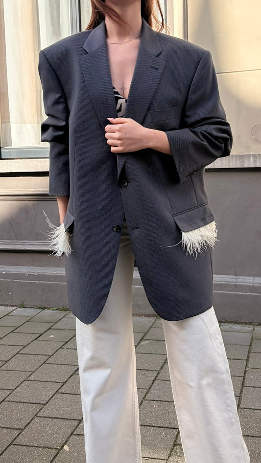 Blazer vintage grijs met veren geel | Restyled
