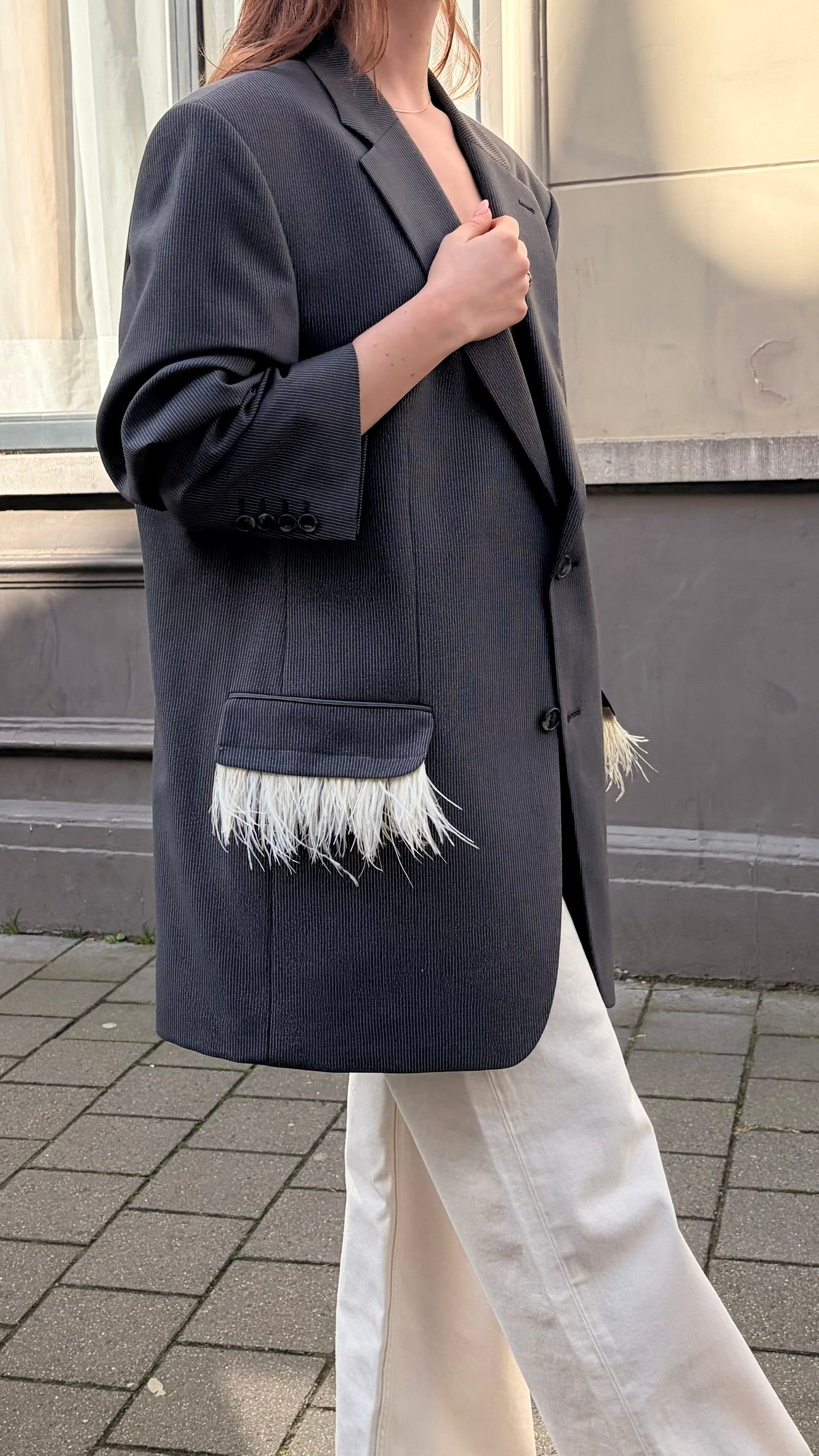 Blazer vintage grijs met veren geel | Restyled