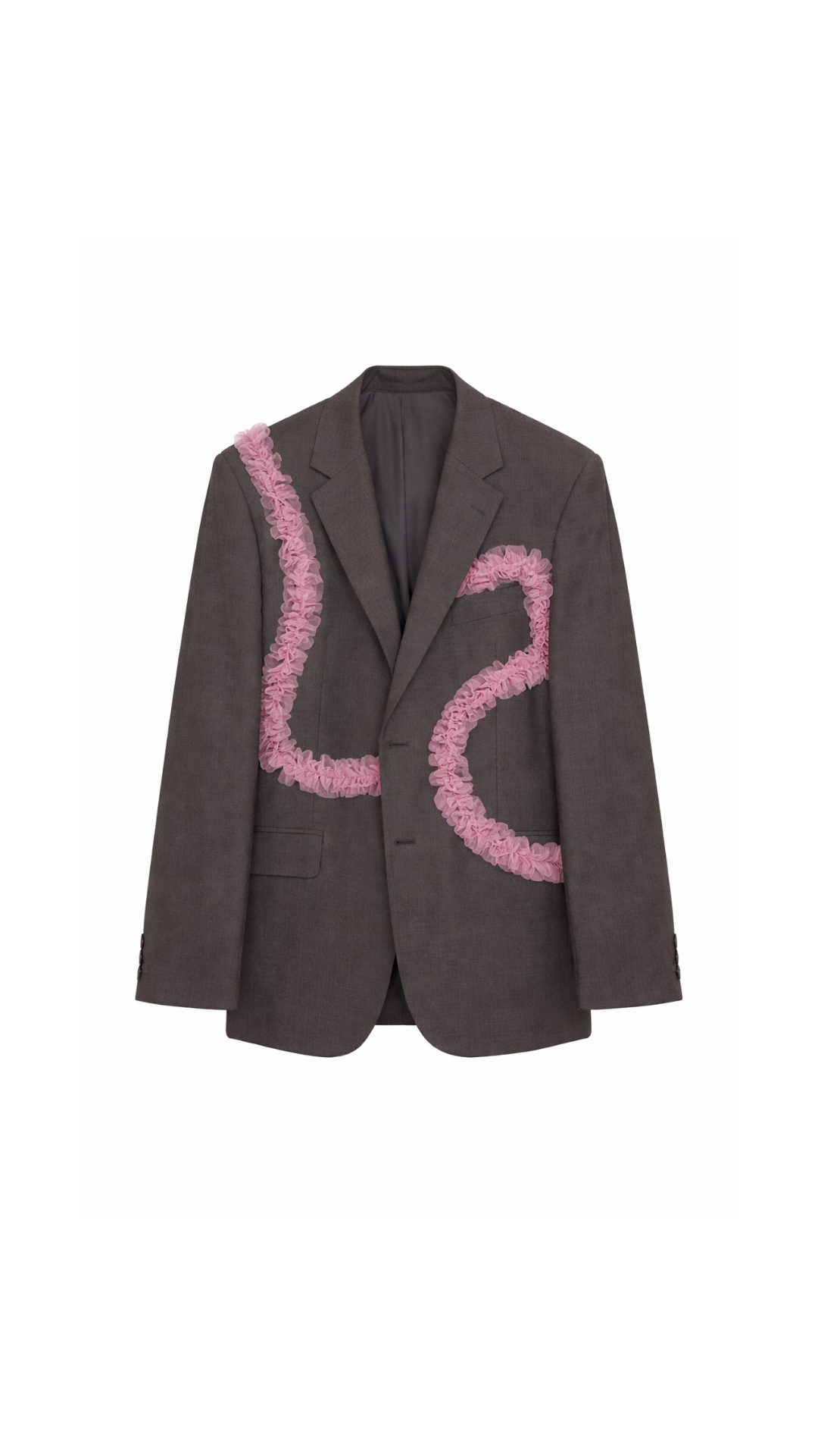 Blazer vintage grijs met ruffle roze | Restyled